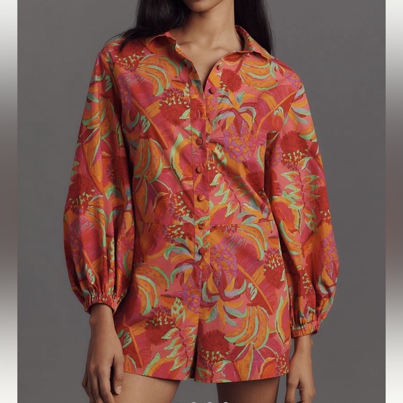 FARM Rio x Anthropologie Long Sleeve Printed Collared Romper - Picture 1 of 4